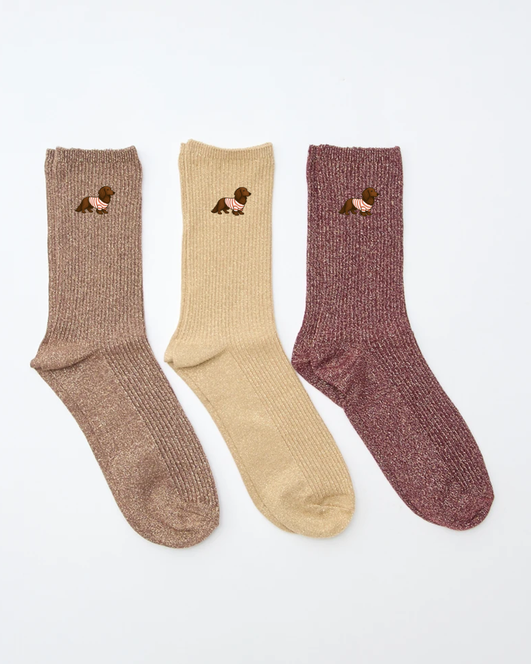 Trio de chaussettes avec teckel brodé - tons chauds