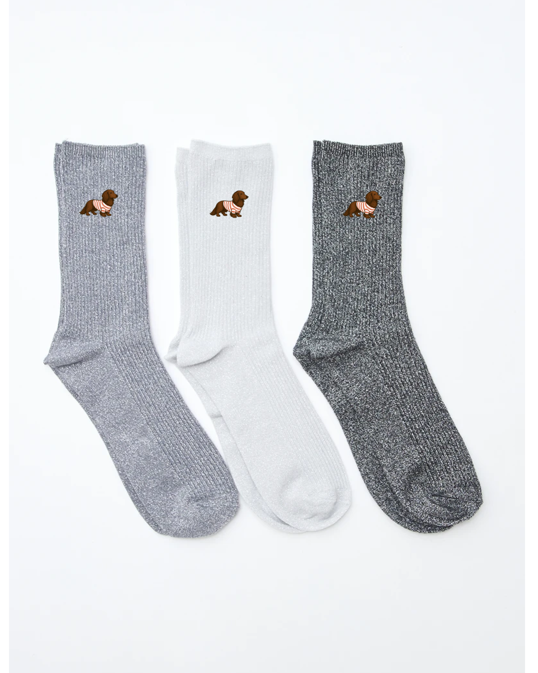 Trio de chaussettes avec teckel brodé - tons gris