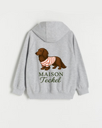 Sweat à capuche gris Maison Teckel - vue de dos avec illustration teckel